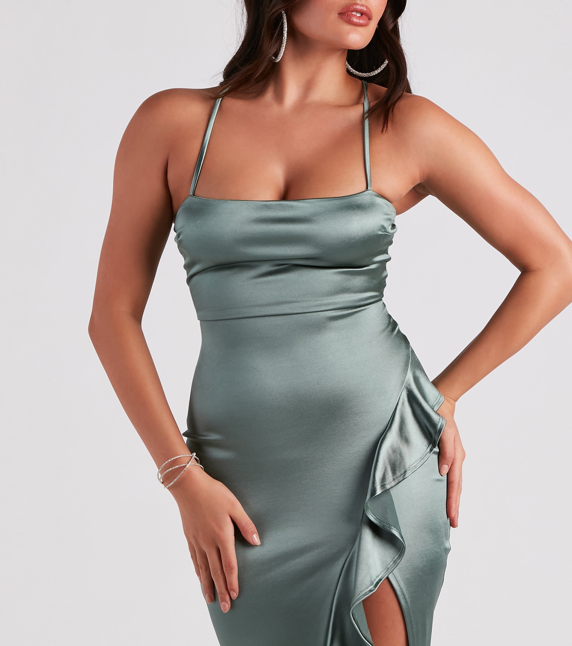 Ruffled Slit Satin Formal Dress